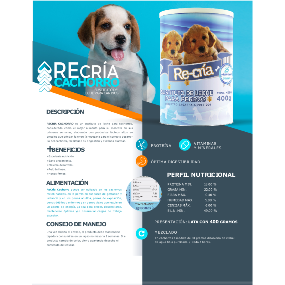 Sustituto de leche para caninos Re-cría 400g - Imagen 3